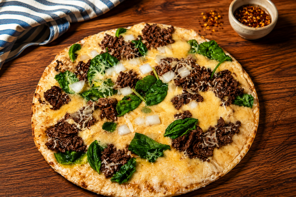 high-protein cheesesteak pizza