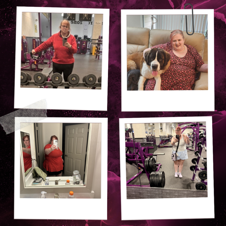 Andrea Bramblett's weight loss journey collage featuring gym photos, progress pictures, and service dog Comet