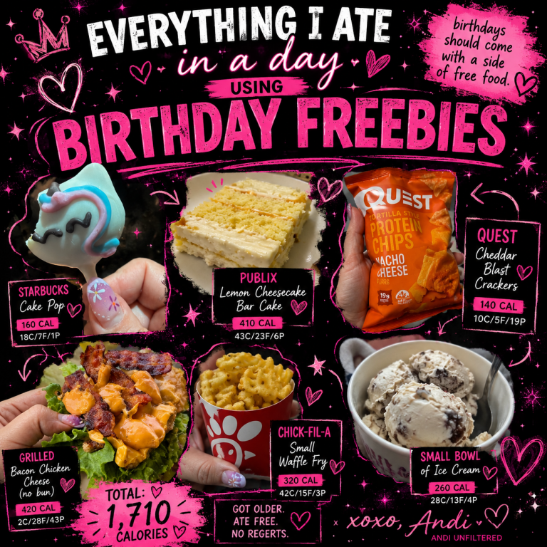 Everything Andi Unfiltered Ate in a Day Using Birthday Freebies While Staying in a Calorie Deficit
