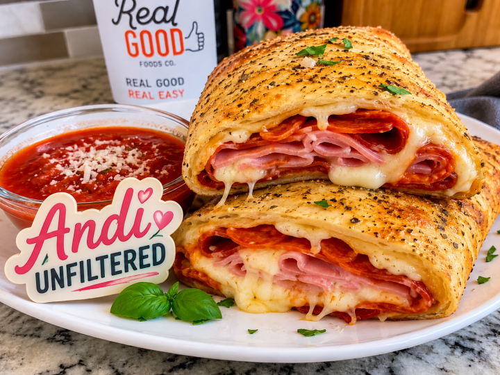 High protein Italian stromboli made with Real Good Foods burrito wraps, pepperoni, ham, mozzarella cheese and marinara sauce