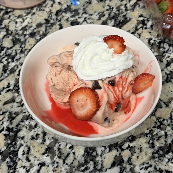 High Protein Vanilla Bean Chocolate Covered Strawberry Creami 