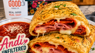 Crispy High-protein Stromboli made with Real Good Foods Burrito wraps