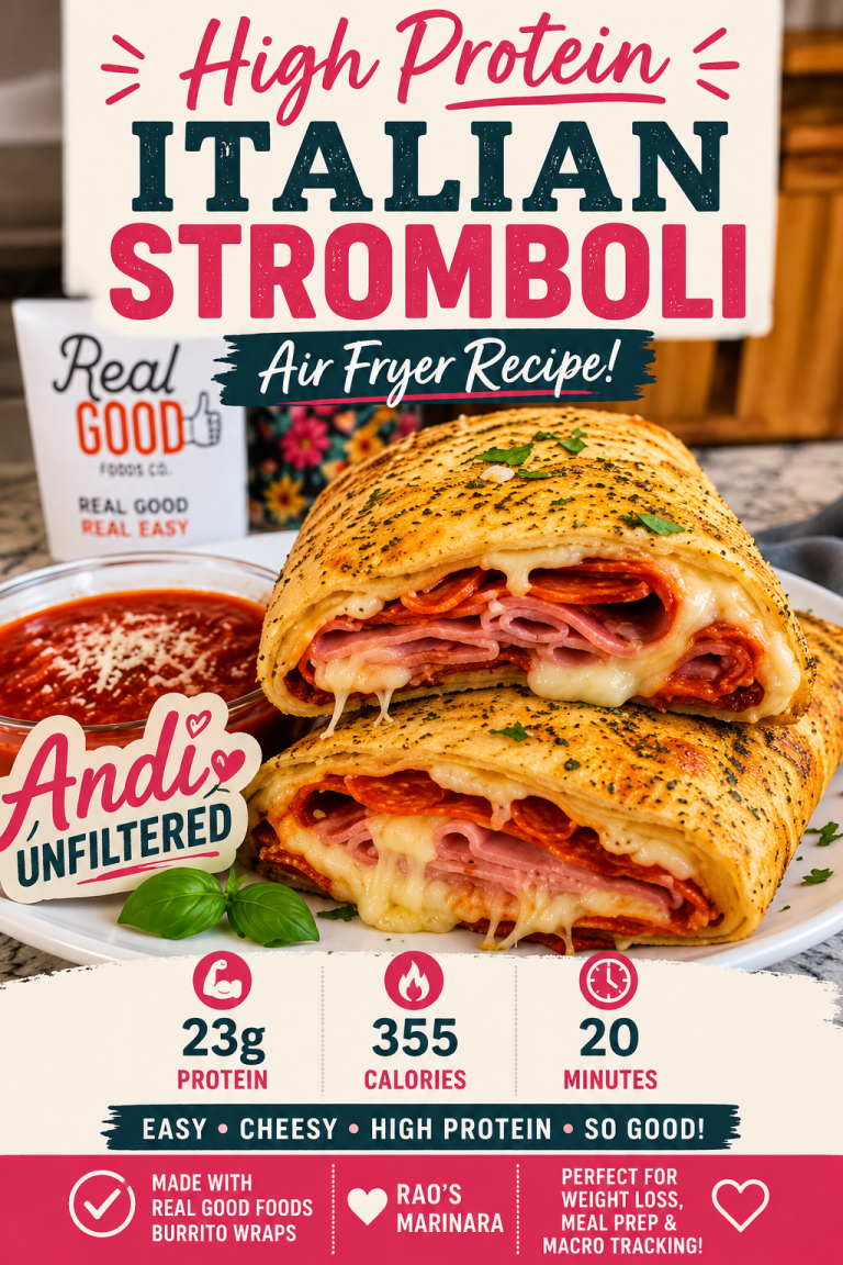 High protein Italian stromboli made with Real Good Foods burrito wraps, deli ham, turkey pepperoni, mozzarella cheese and Rao's marinara sauce. , Pintrest Image