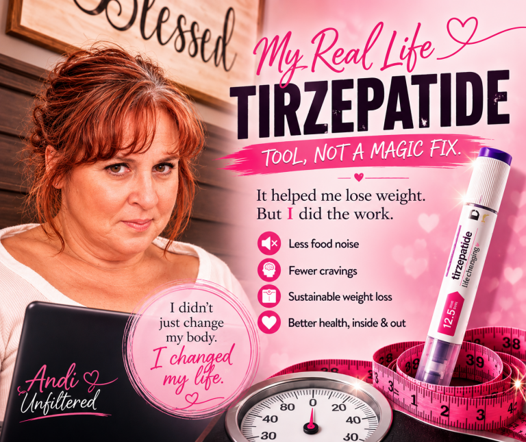 Graphic about tirzepatide (Mounjaro) and weight loss featuring Andrea from Andi Unfiltered. The image explains how tirzepatide helped reduce food noise, cravings, and support sustainable weight loss during a journey of losing over 160 pounds.
