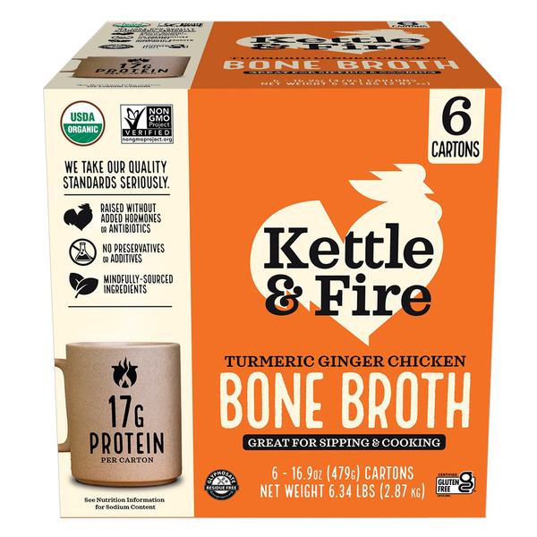 Kettle and Fire Organic Turmeric Ginger Chicken Bone Broth, 16.9 oz, 6-count